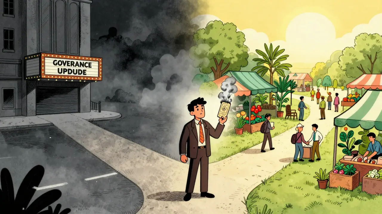 Illustration of an investor choosing between a dead end and a vibrant crypto marketplace.