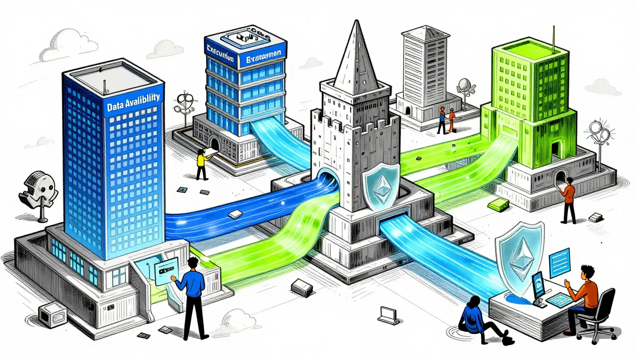 Illustration of modular blockchain layers with data flowing between them