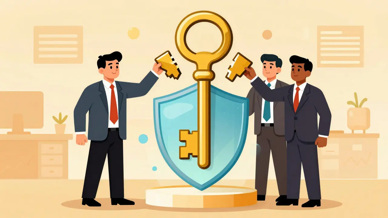 Illustration of professionals sharing key shards to form a digital security shield.