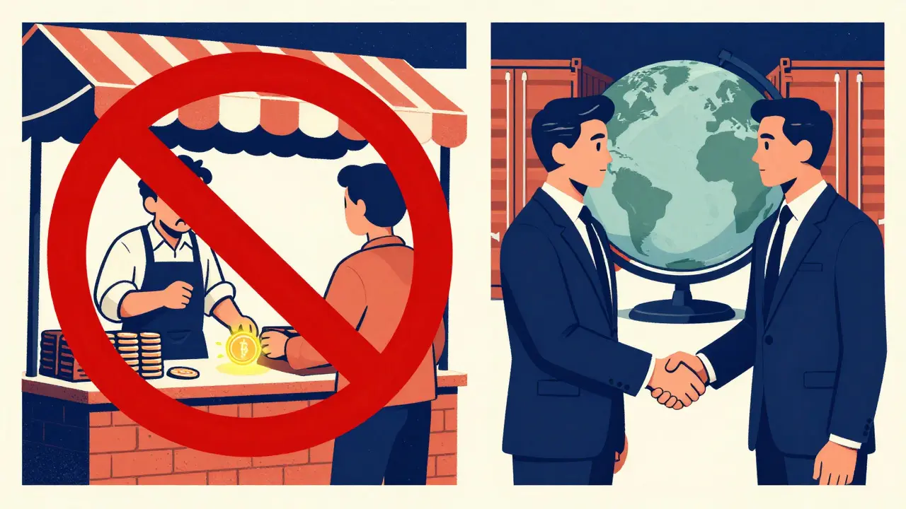 Illustration showing banned local crypto payments versus allowed international trade