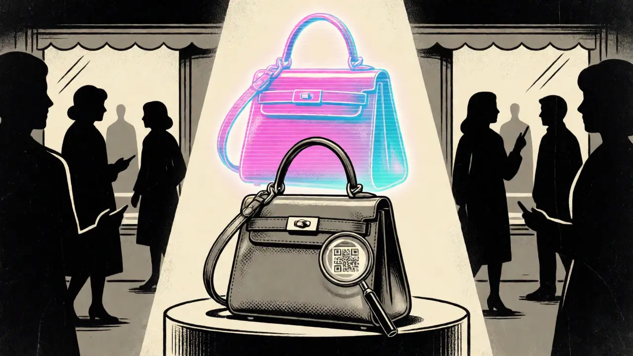 Luxury handbag with a glowing digital twin illustrating phygital technology.