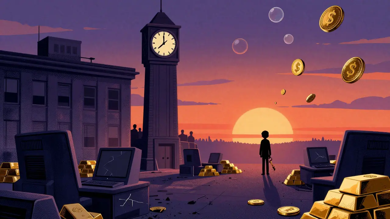Melancholic vintage scene of a closed office with floating digital assets at sunset