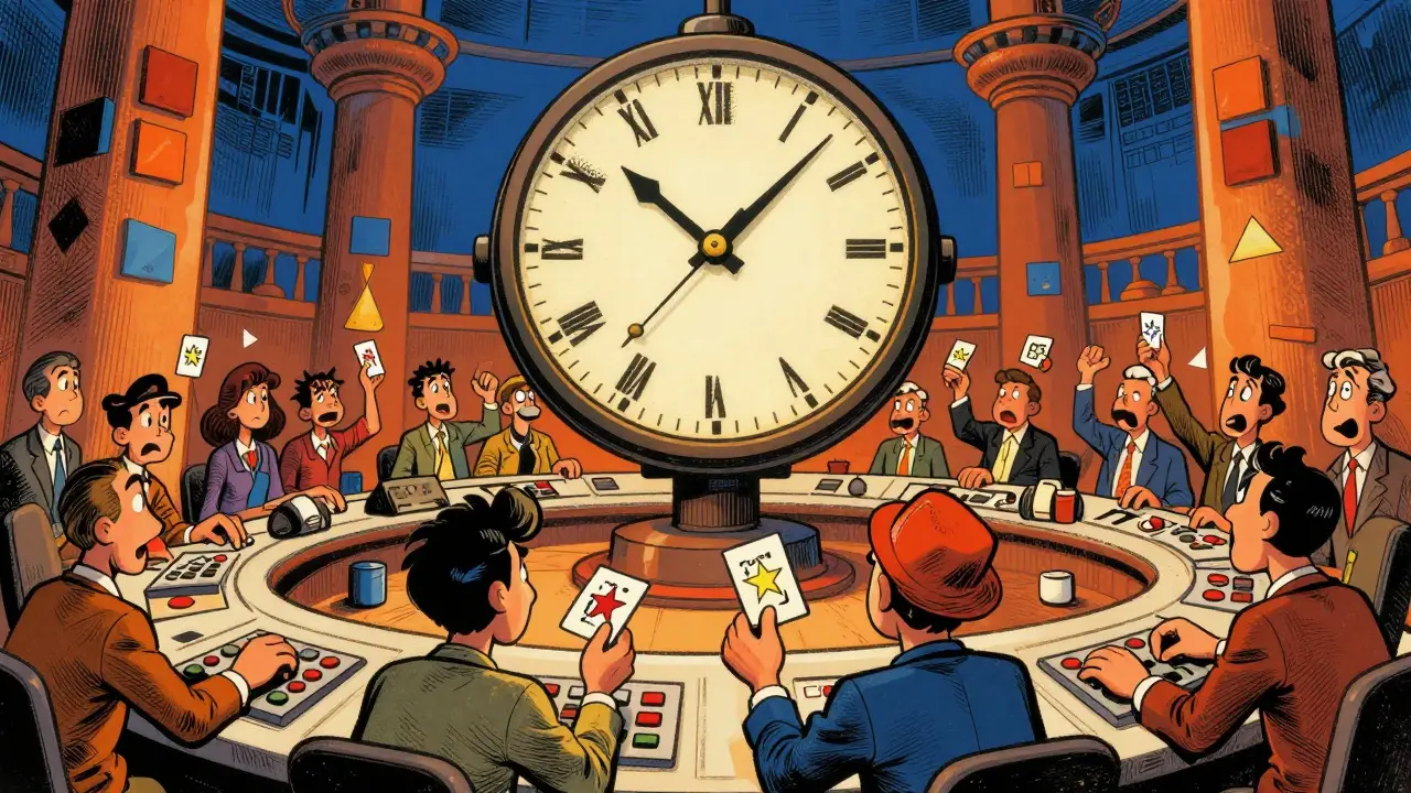 Old-style comic art showing characters rushing to vote on mechanical consoles under a large clock