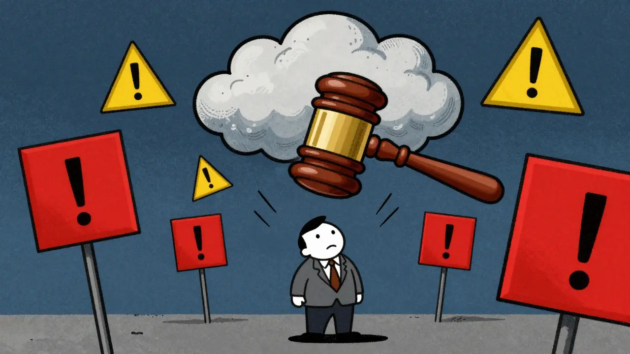Ominous regulatory clouds looming over a small broker figure