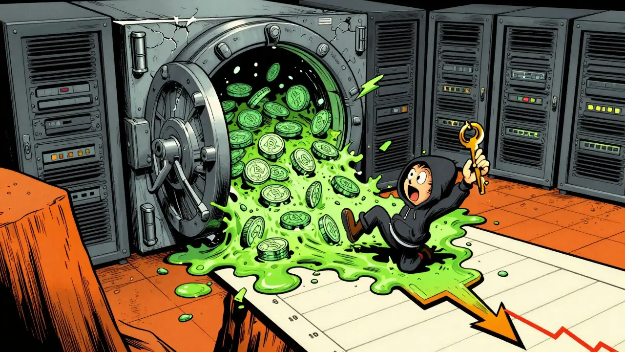 Retro comic art showing a hacked server leaking tokens and crashing prices.