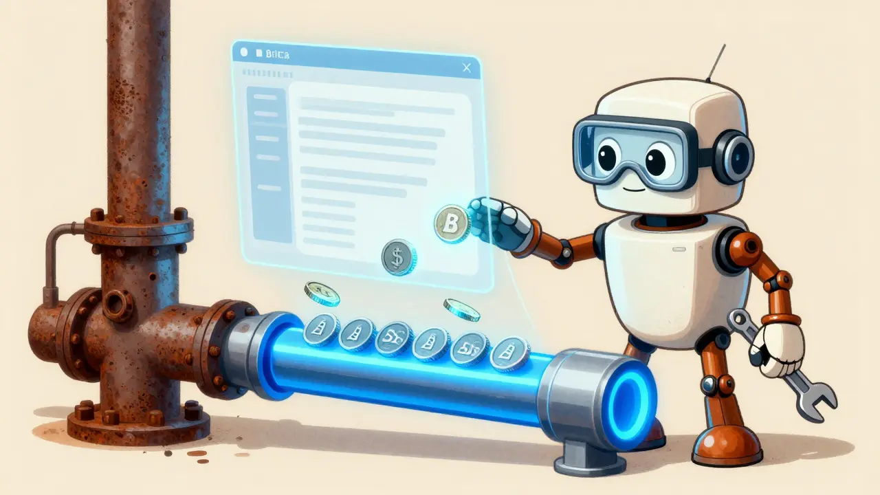 Robot engineer moving digital coins from old pipes to a modern blue conduit representing upgrade.