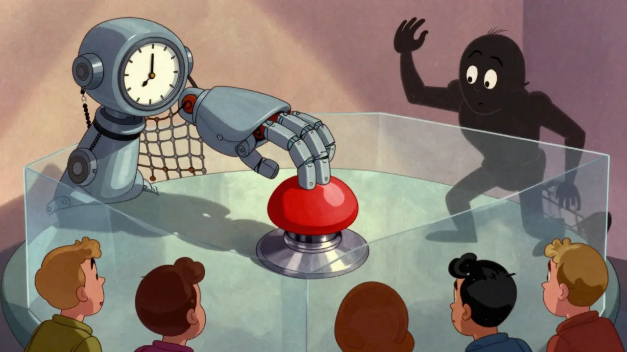 Robotic hand holding back a button to protect citizens below