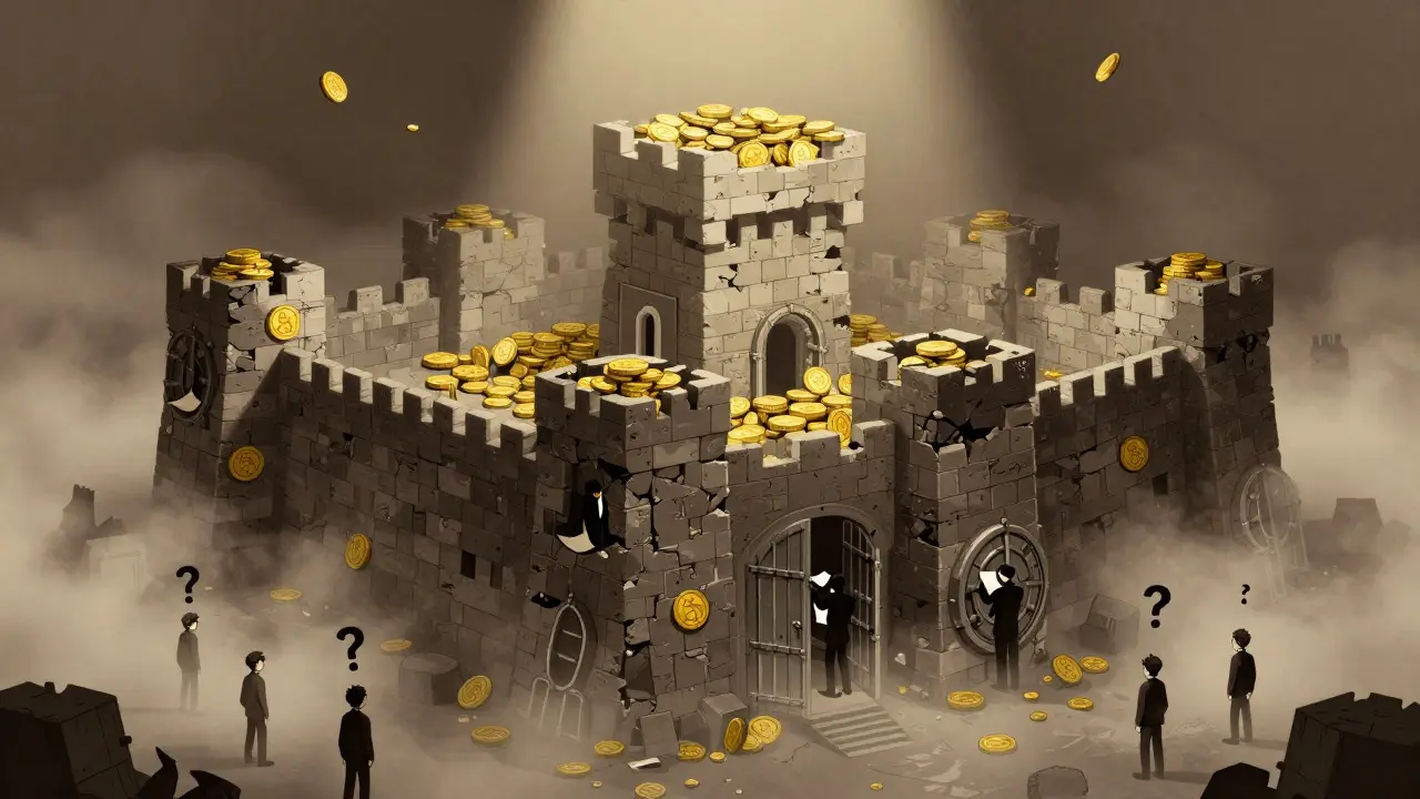 Shadowy fortress representing opaque exchange management and hidden risks