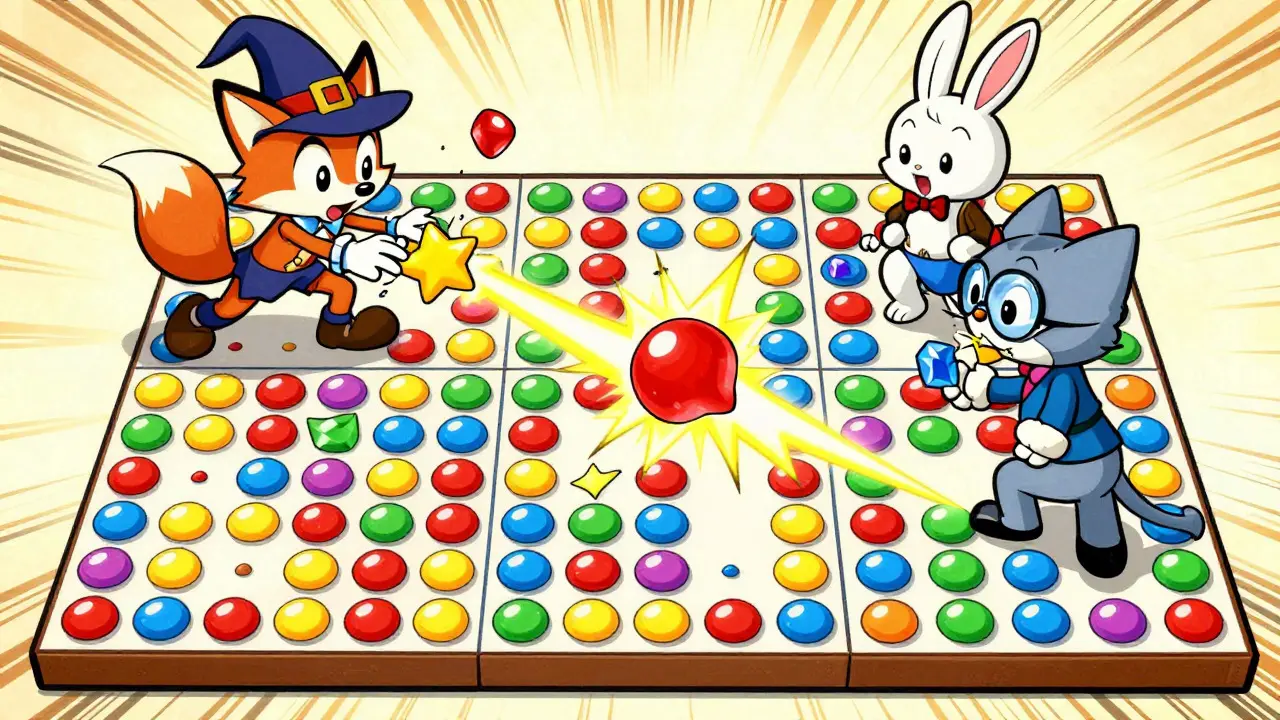 Three cartoon characters competing in a magical match-3 candy battle