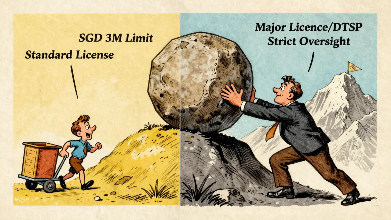 Vintage cartoon comparing easy vs hard crypto license paths