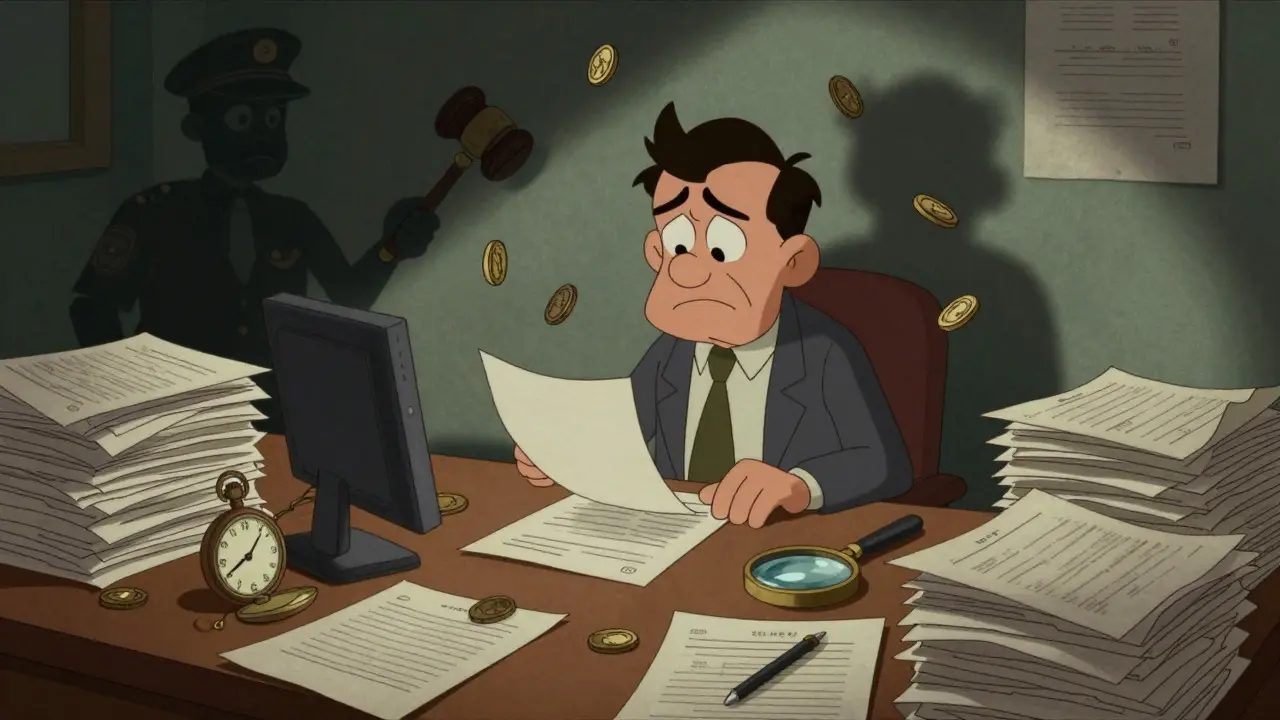 Vintage cartoon of an accountant stressed by tax papers and looming legal penalties