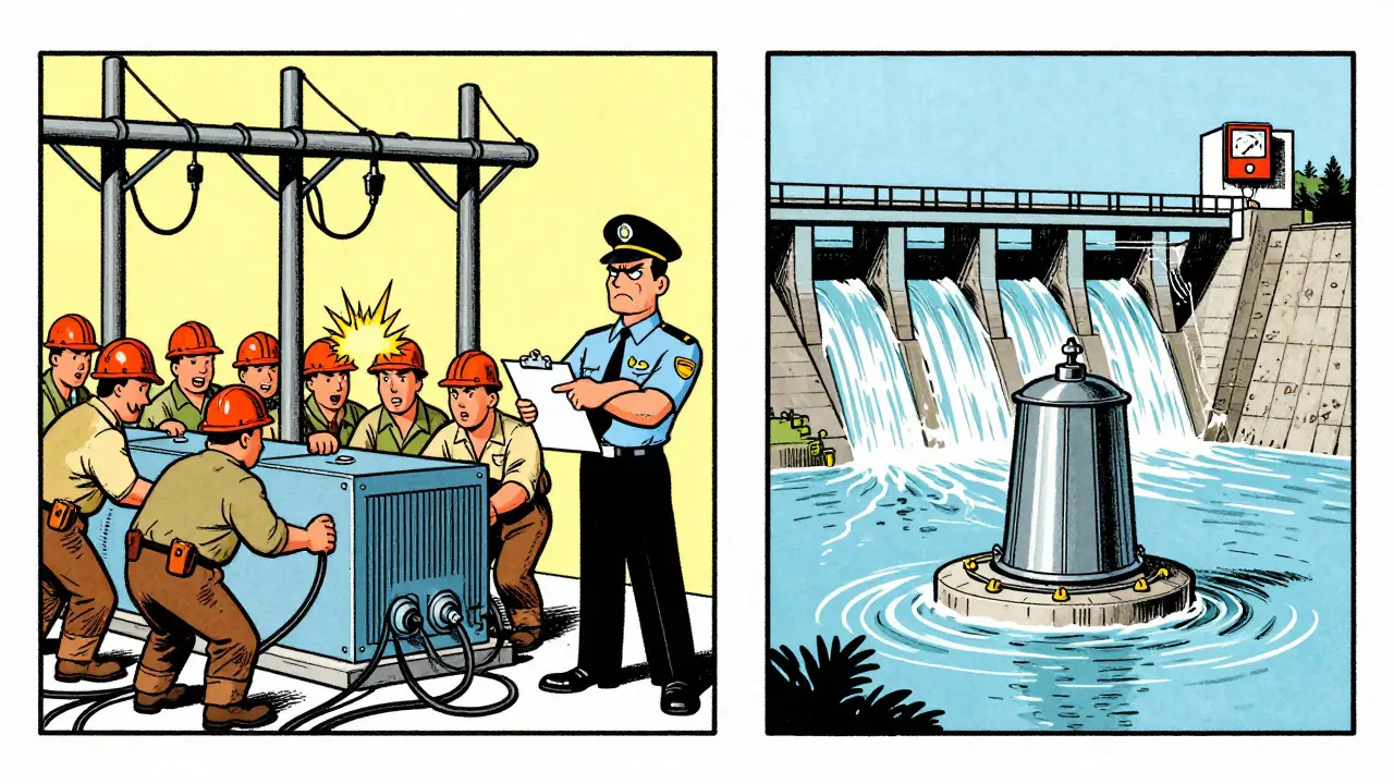 Vintage cartoon of miners facing energy restrictions and regulators in BC and Quebec