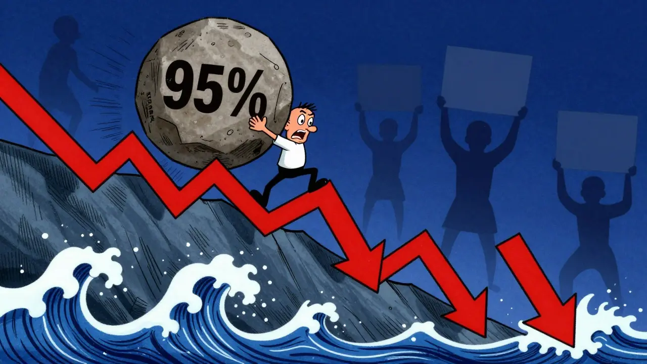 Vintage cartoon showing a character struggling against a wave of red price drops.