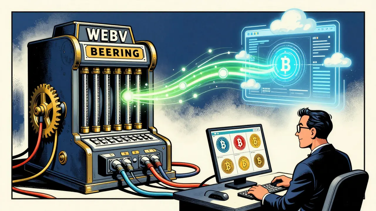 Vintage cartoon showing old bank machines connecting to modern digital cloud systems.