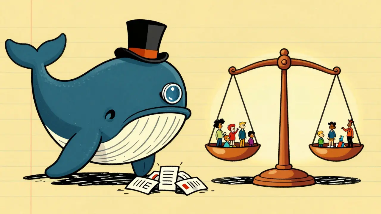 Vintage cartoon whale vs balanced scale showing voting fairness