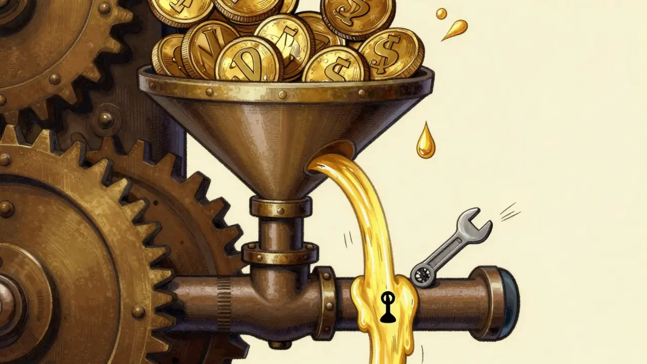 Vintage illustration of a machine splitting coin rewards into two streams for holders and operations