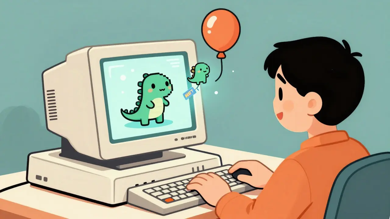 Vintage style character receiving cute virtual pet NFTs from a glowing computer