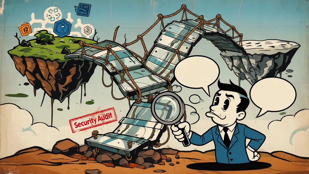 A skeptical investor examines a fragile, unstable bridge connecting two disparate blockchain islands.