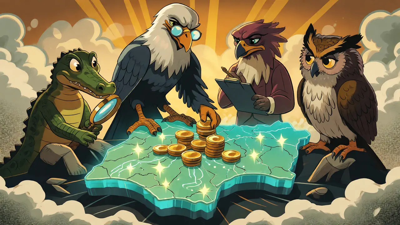 Anthropomorphic animals representing Nigerian agencies overseeing a digital map of crypto regulations.