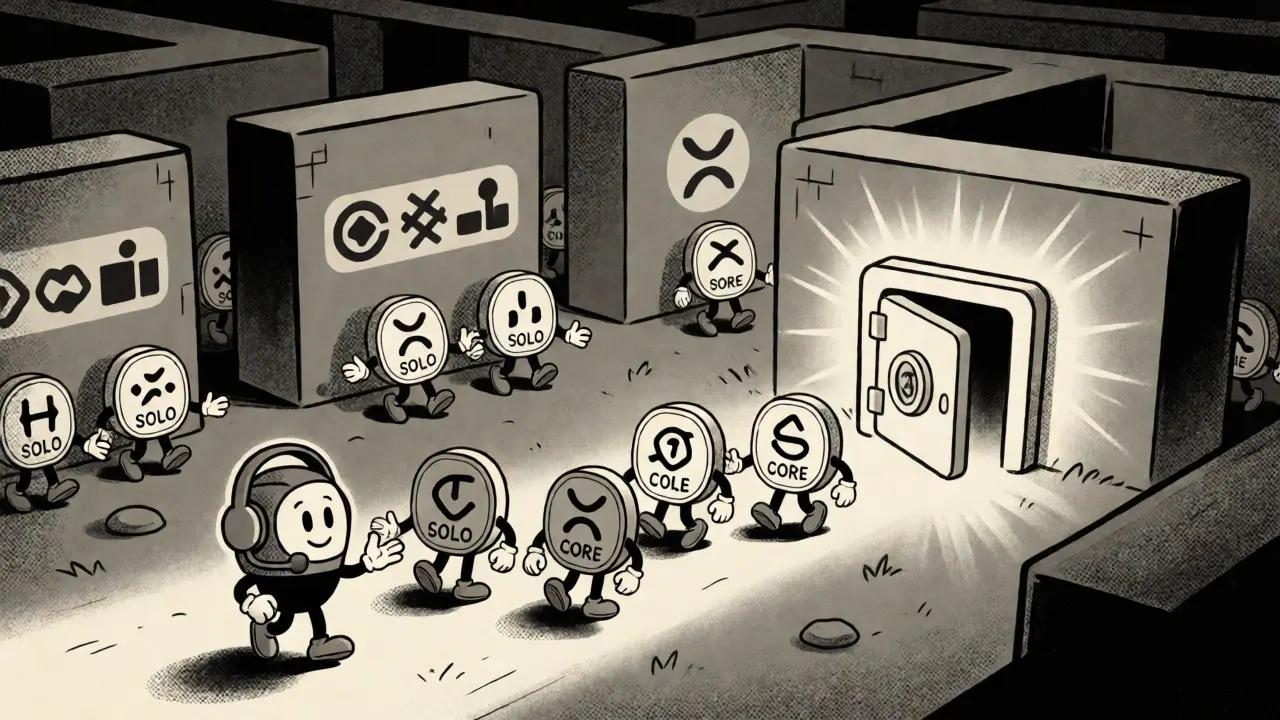 Anthropomorphic tokens navigating a maze towards a vault while others are blocked by exchanges