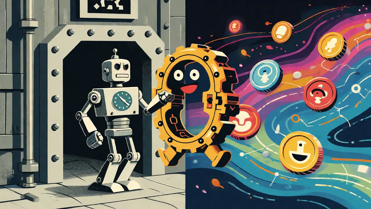 Bridge connecting traditional vault and digital blockchain in retro illustration