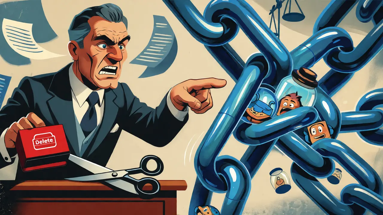 Bureaucrat struggling to delete data from an unbreakable digital chain due to GDPR rules.