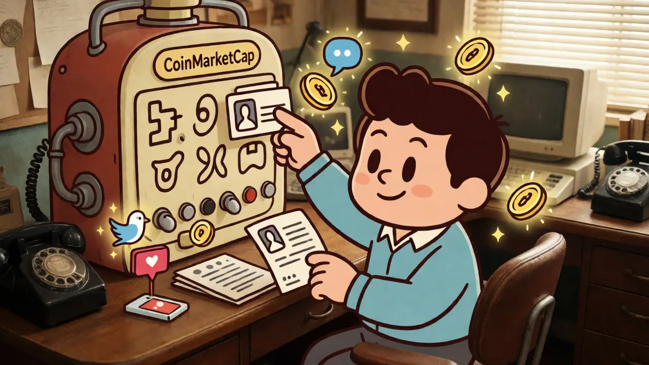 Cartoon character completing crypto tasks with floating tokens in a vintage office.