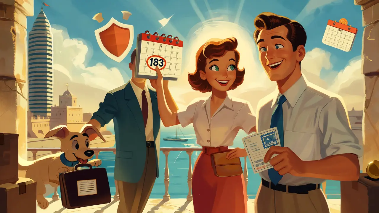 Cartoon family moving to a sunny Maltese balcony with compliance icons