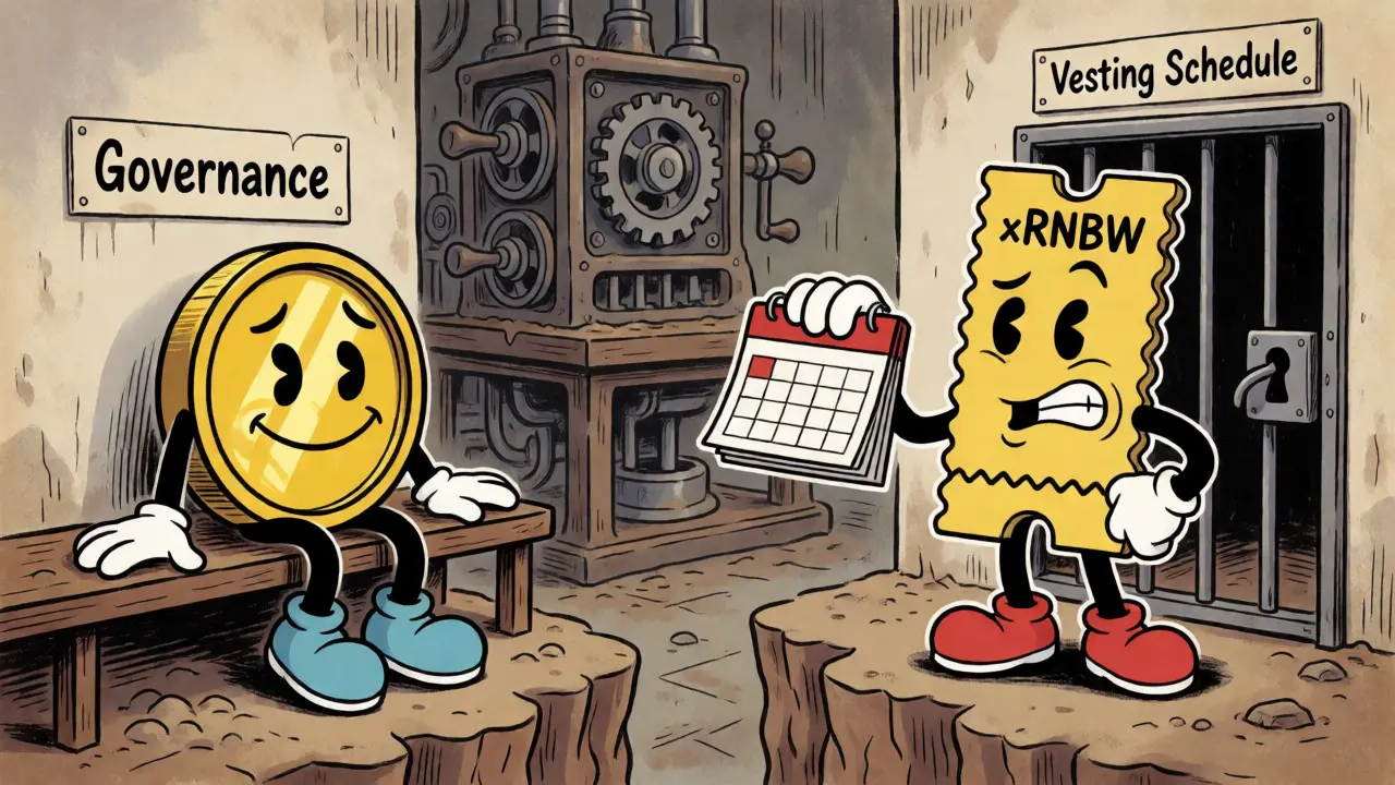 Cartoon illustration of RNBW and xRNBW token characters separated by a vesting lock.