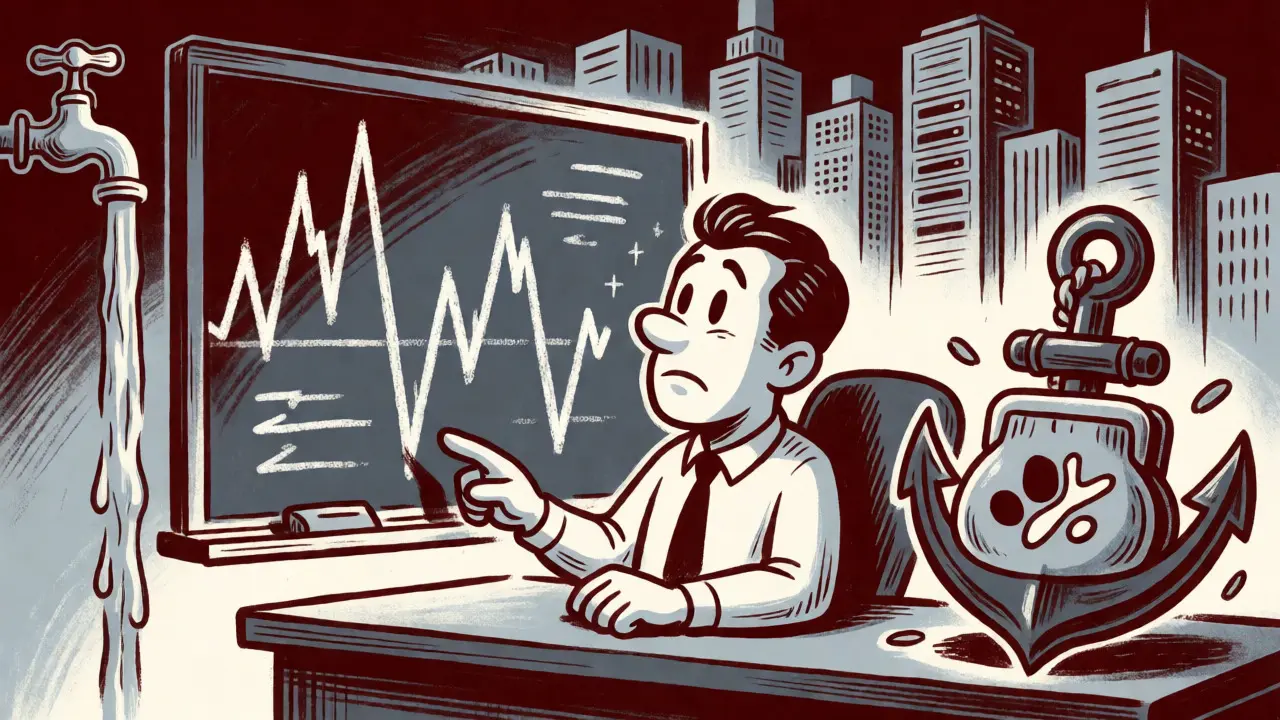 Cartoon investor analyzing volatile crypto price charts