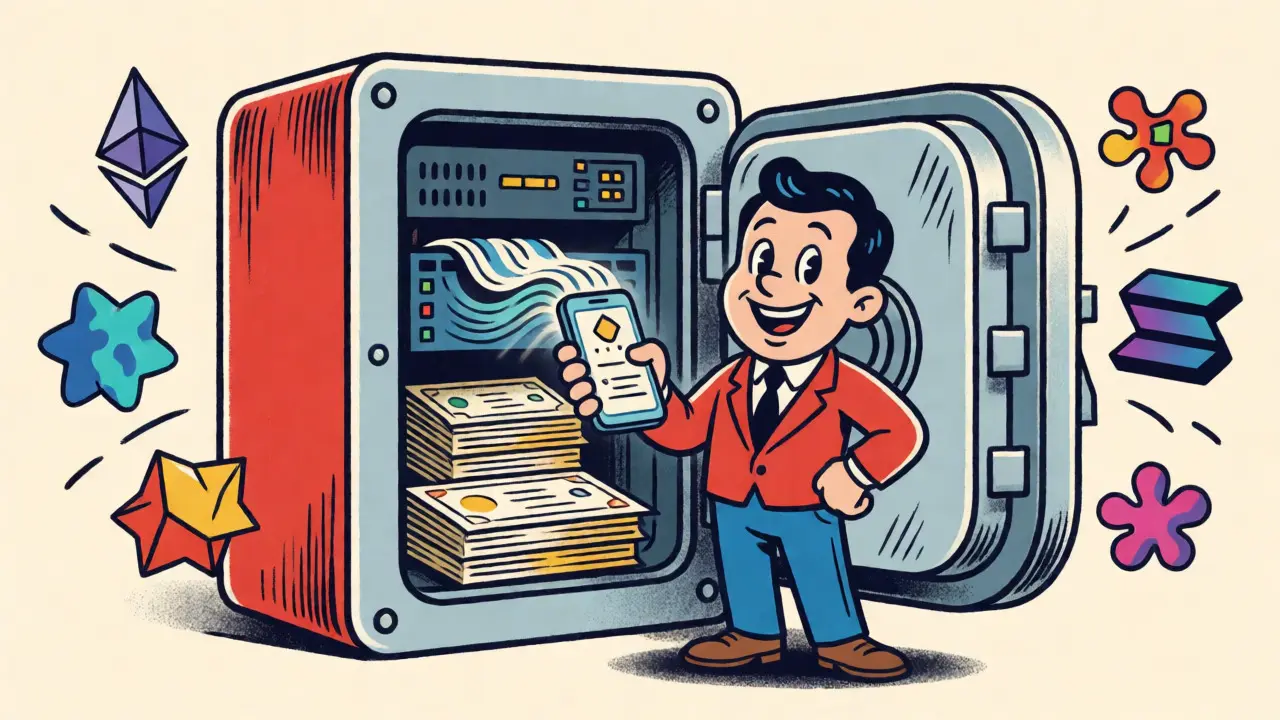 Cartoon investor holding a phone receiving data from a hybrid bank-server vault.