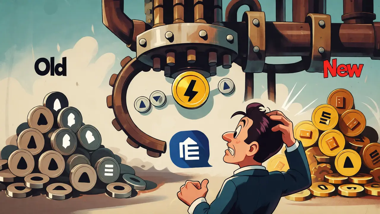 Cartoon machine converting old tokens to new ones confusingly
