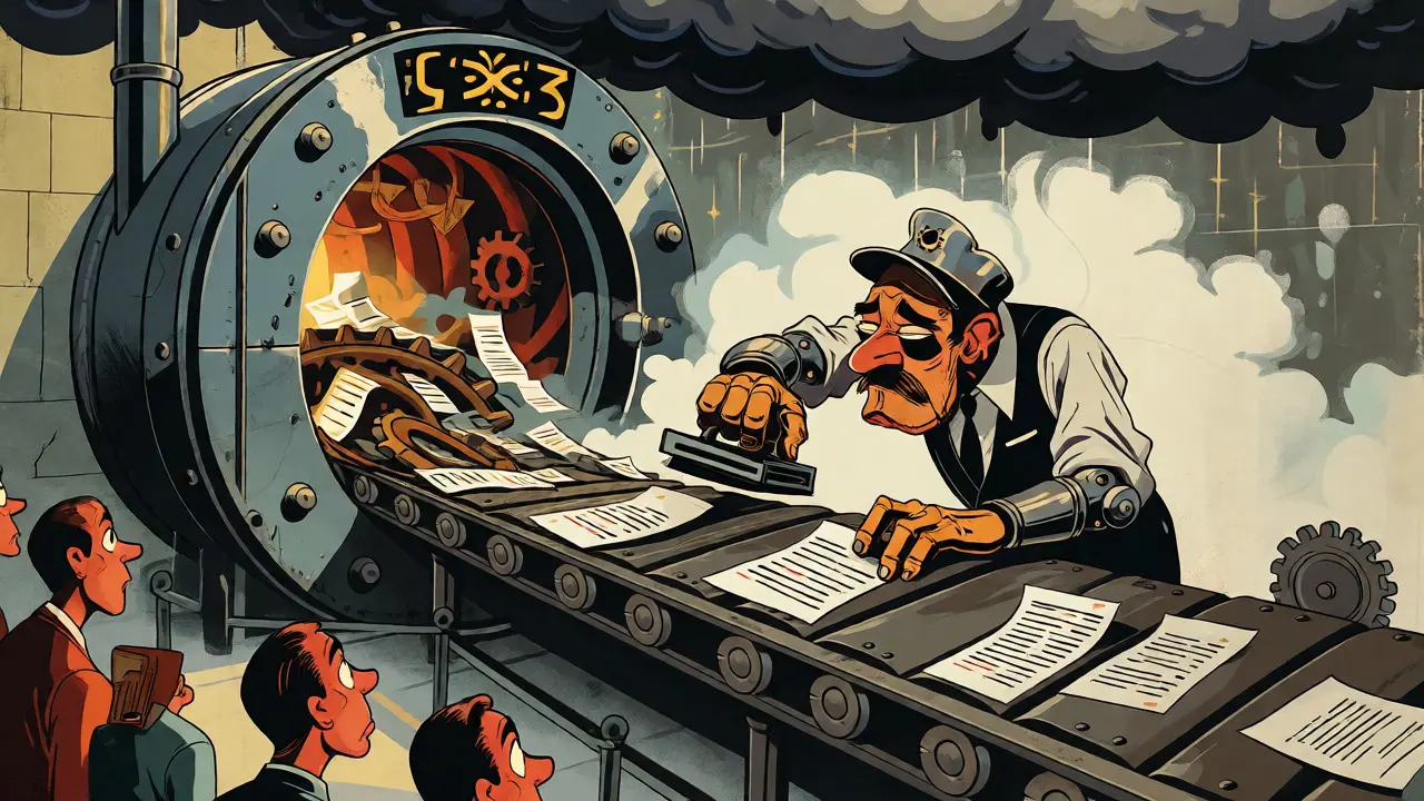 Cartoon of an overwhelmed central bank vault failing to process digital transactions.