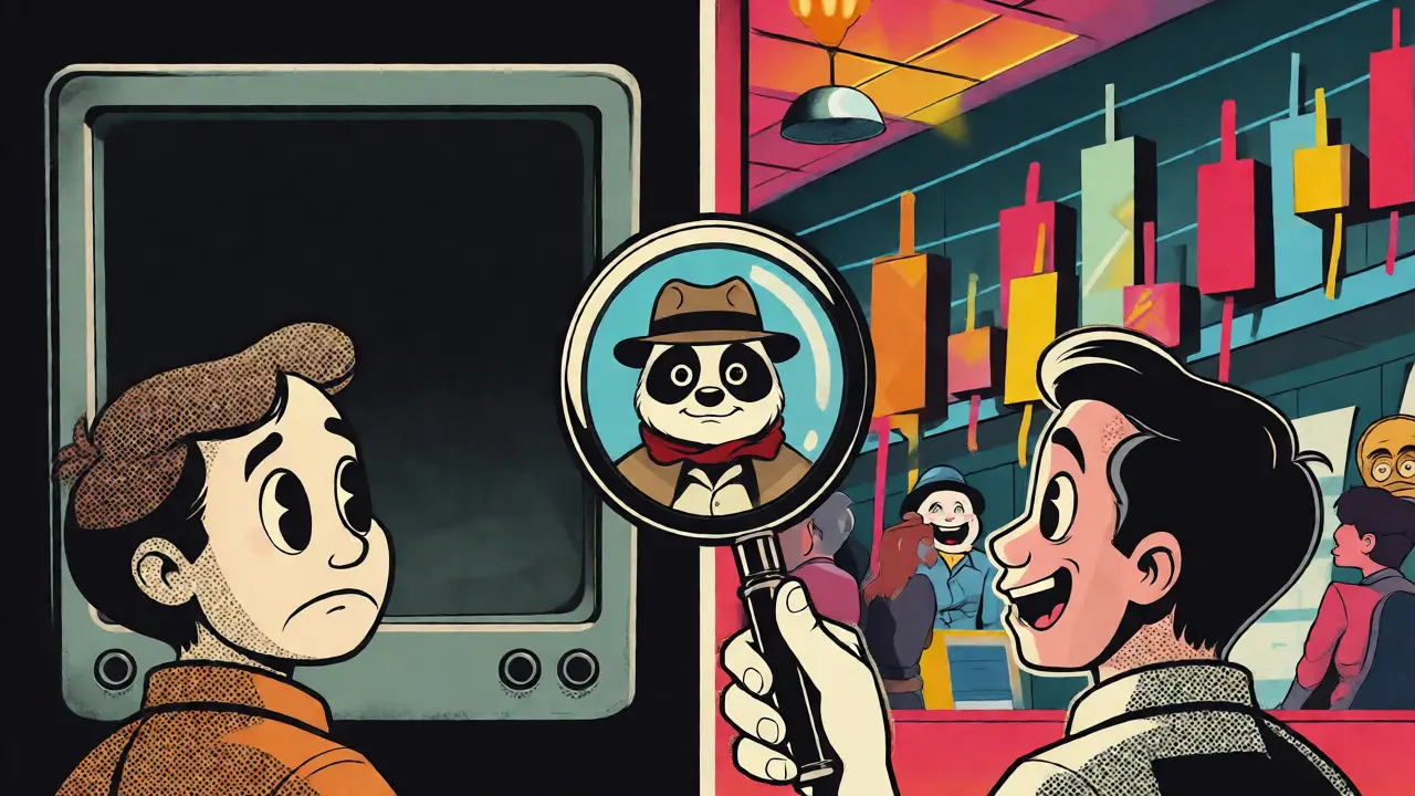 Cartoon panda comparing empty chart vs active trading market