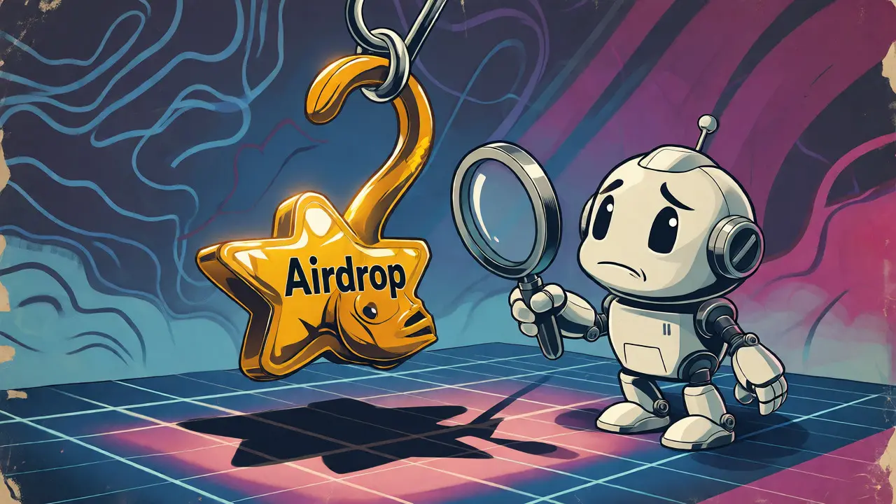Cartoon robot inspecting a fishing hook baited with a fake airdrop star in a retro comic style.