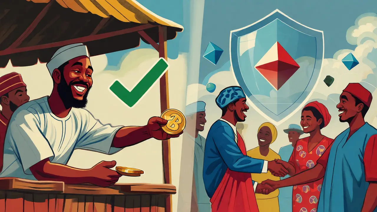 Cartoon scene contrasting naira cash transactions with protected peer-to-peer crypto exchanges.