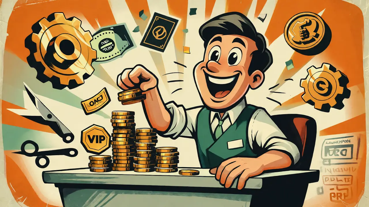 Cartoon trader happily collecting VIP badges and staking rewards represented by golden gears.