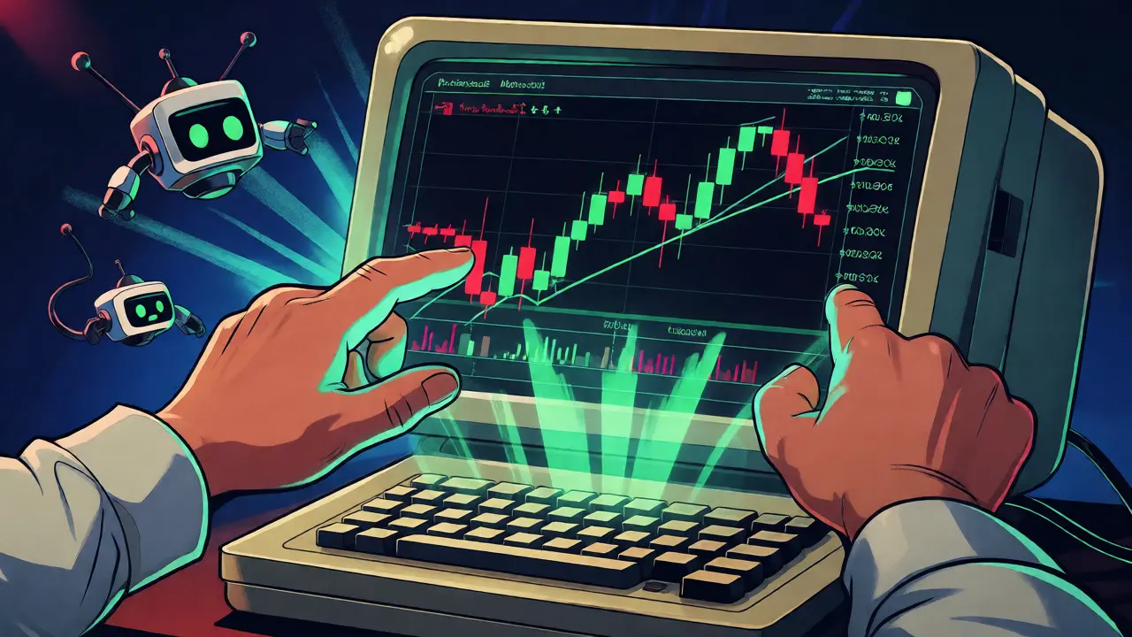 Cartoon trader using advanced MT5 charts with robot assistants