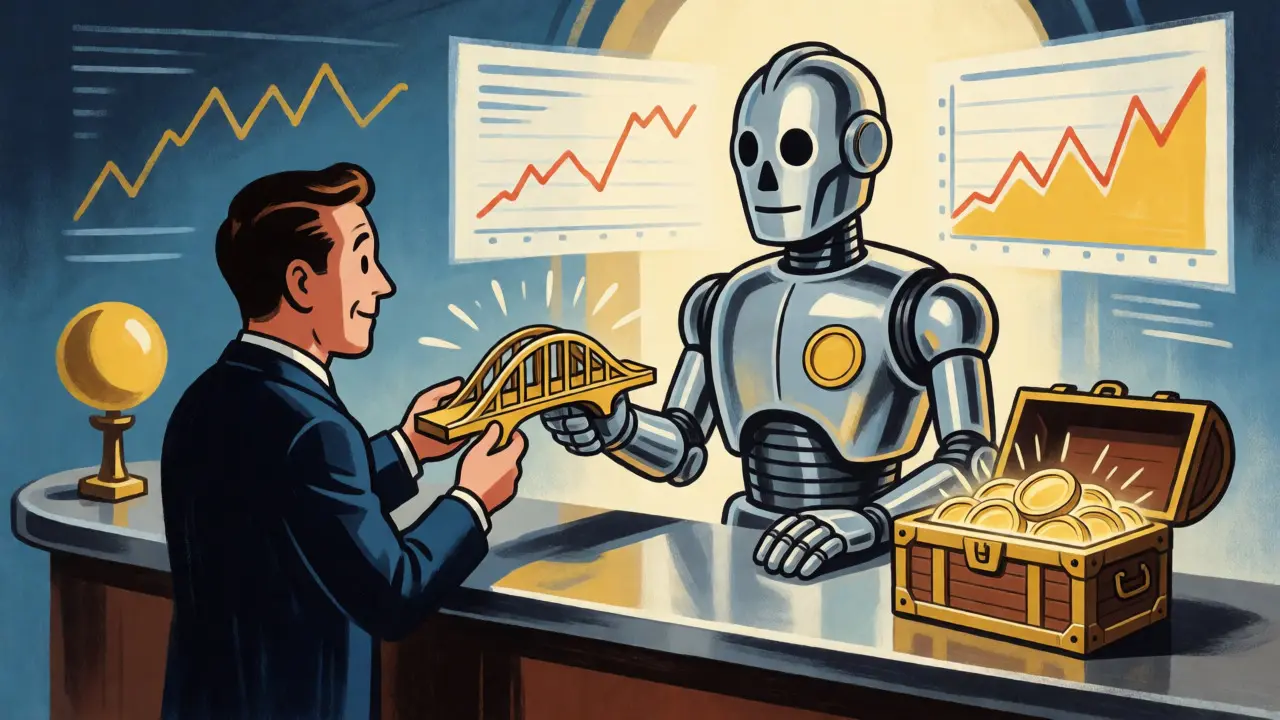 Customer establishing a trustline bridge to unlock a chest of CORE tokens at a robot bank