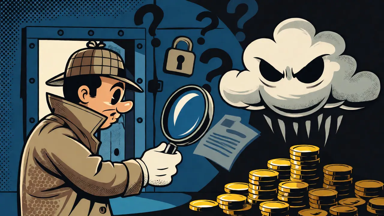 Detective inspecting a secure vault with hidden audit documents and hacker threats.