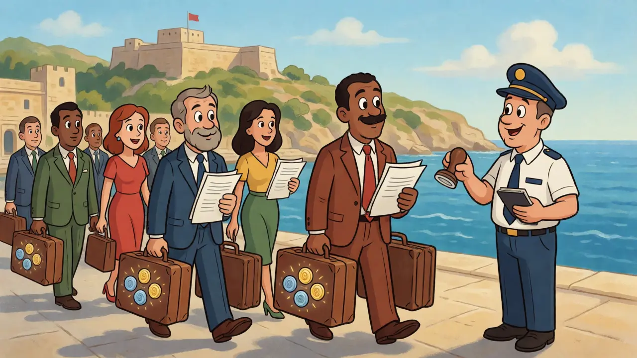 Entrepreneurs arriving at a sunny Maltese port with digital tokens, welcomed by officials.