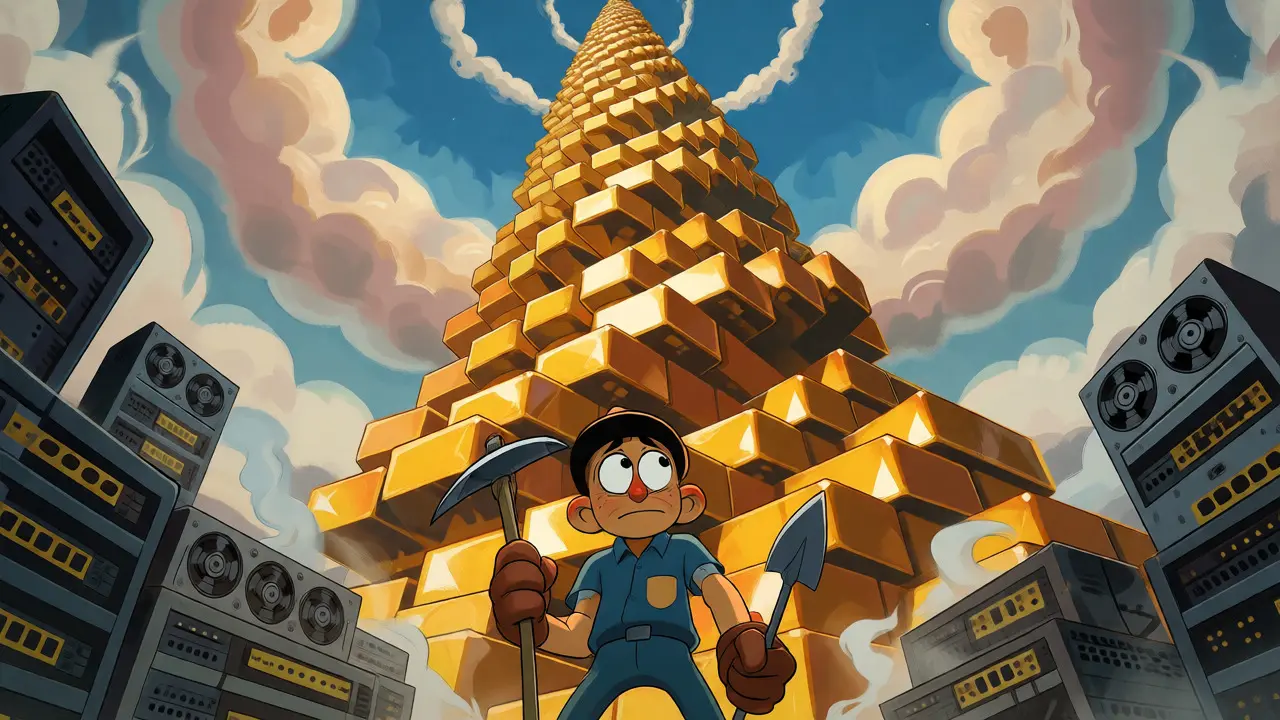 Exhausted miner facing a towering, endless stack of blockchain blocks illustrating scalability issues.