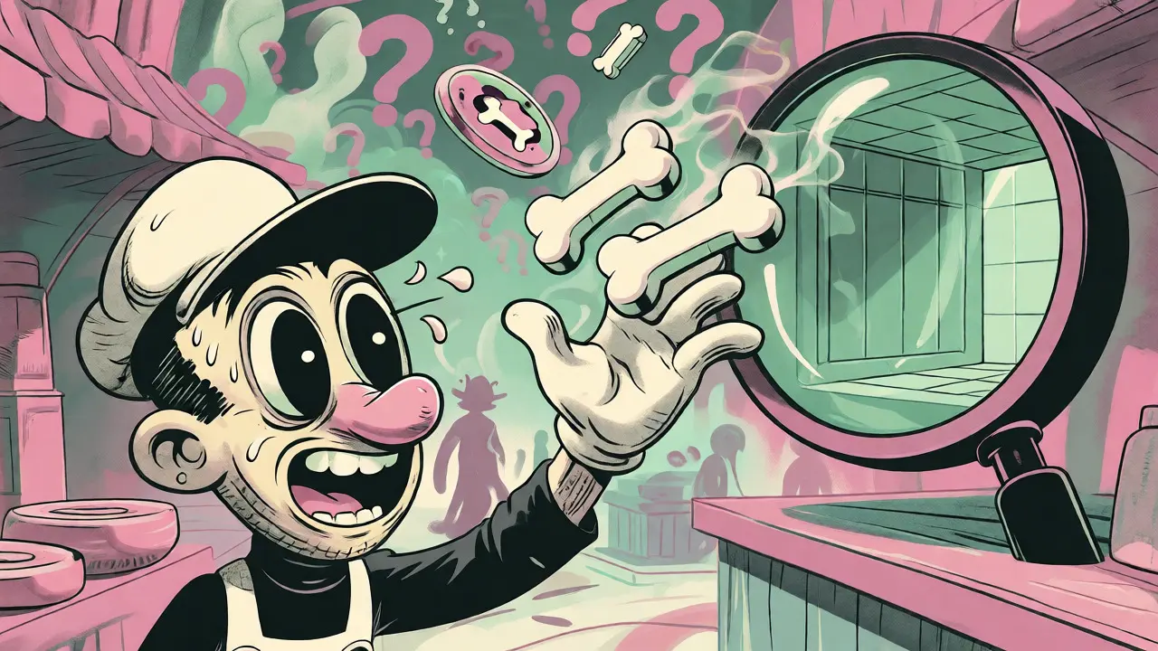Frantic trader trying to catch dissolving NFT bone tokens in a surreal vintage cartoon scene