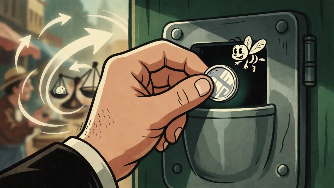 Hand securing a FLY token amidst volatile market indicators