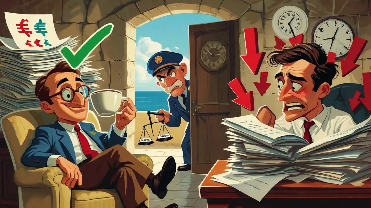 Illustration contrasting a relaxed investor with a stressed trader under inspection