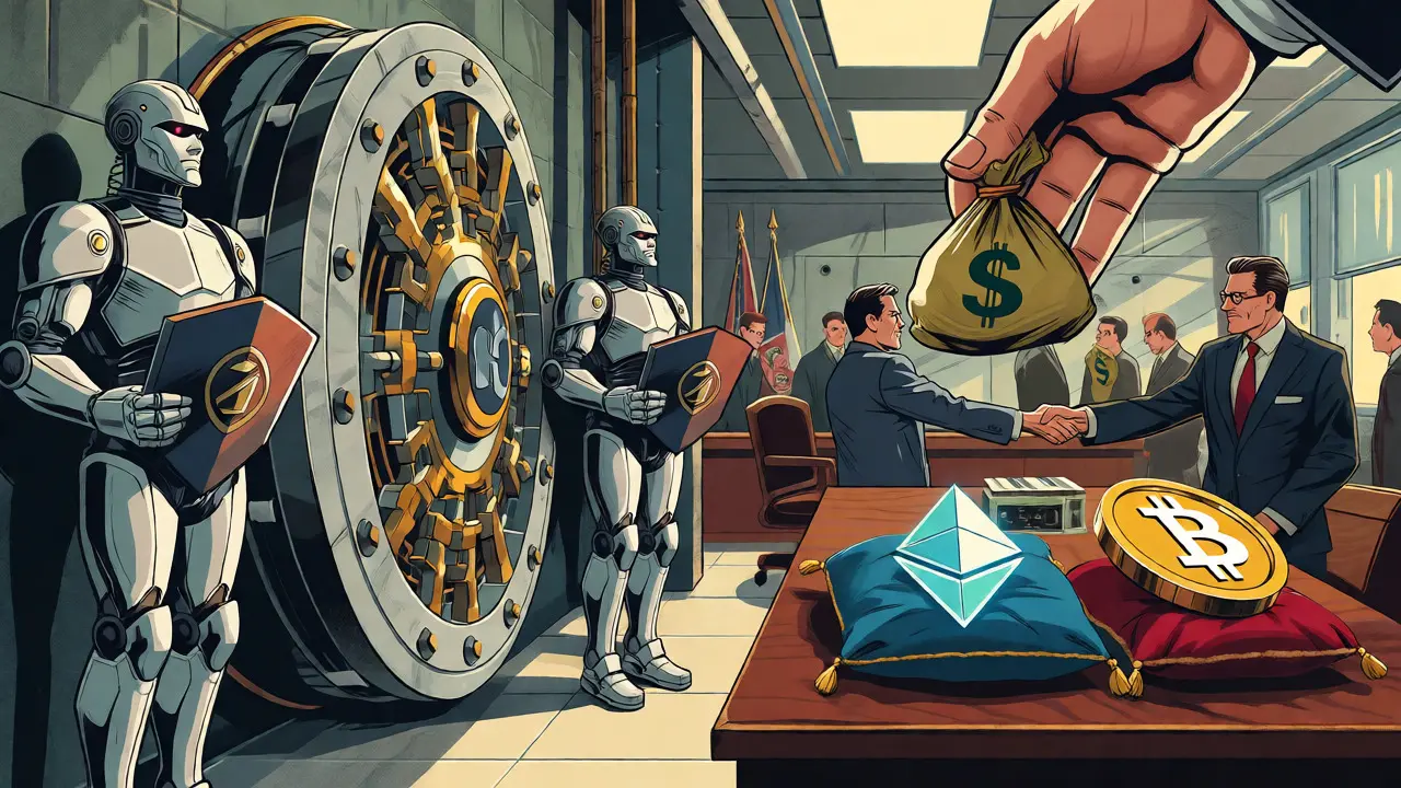 Illustration of a fortified vault guarding Bitcoin and Ethereum assets for corporations.