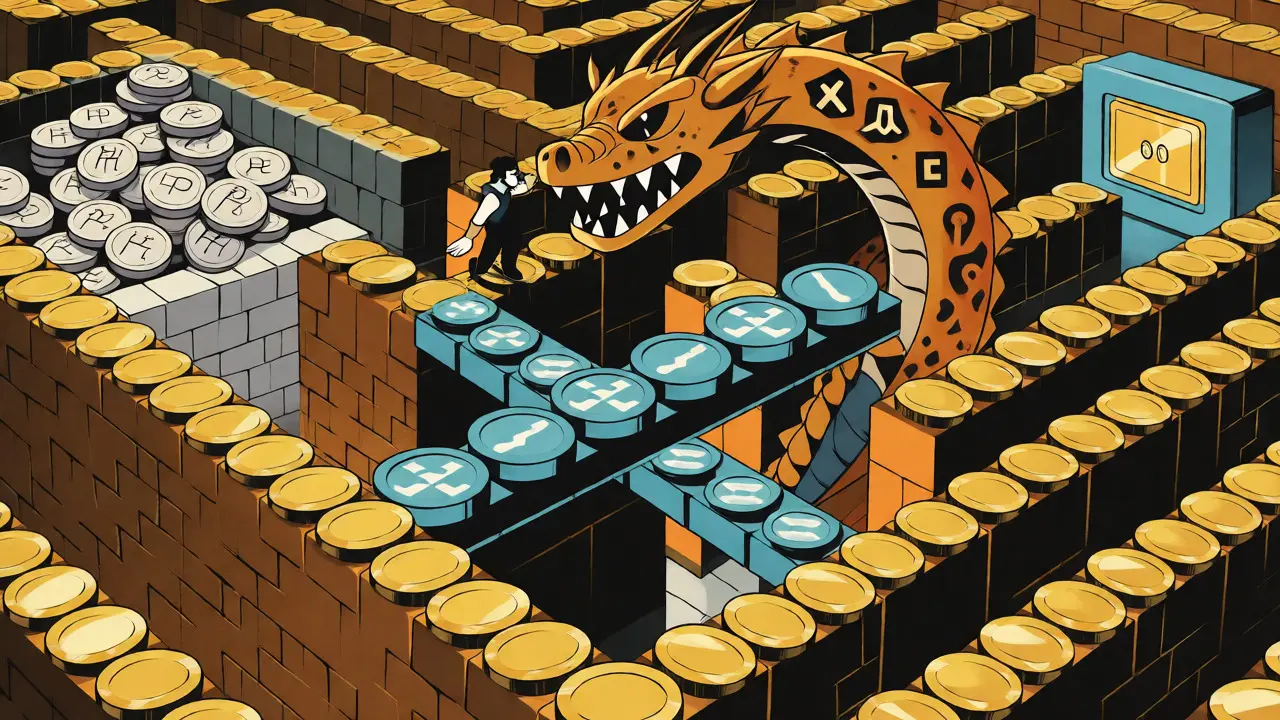 Illustration of a trader crossing a stablecoin bridge over a coin maze.