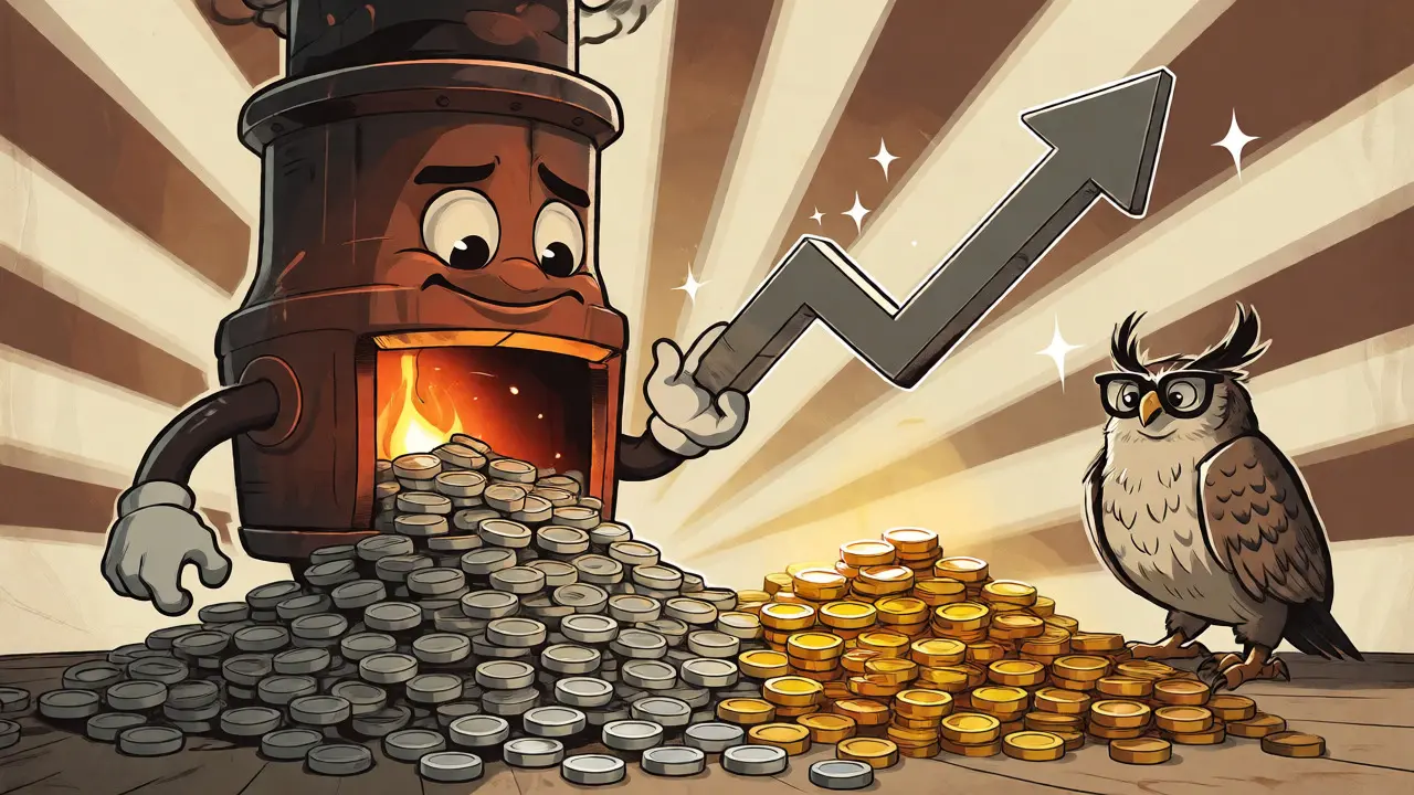 Illustration of an incinerator burning tokens while a chart rises, symbolizing GT deflation.