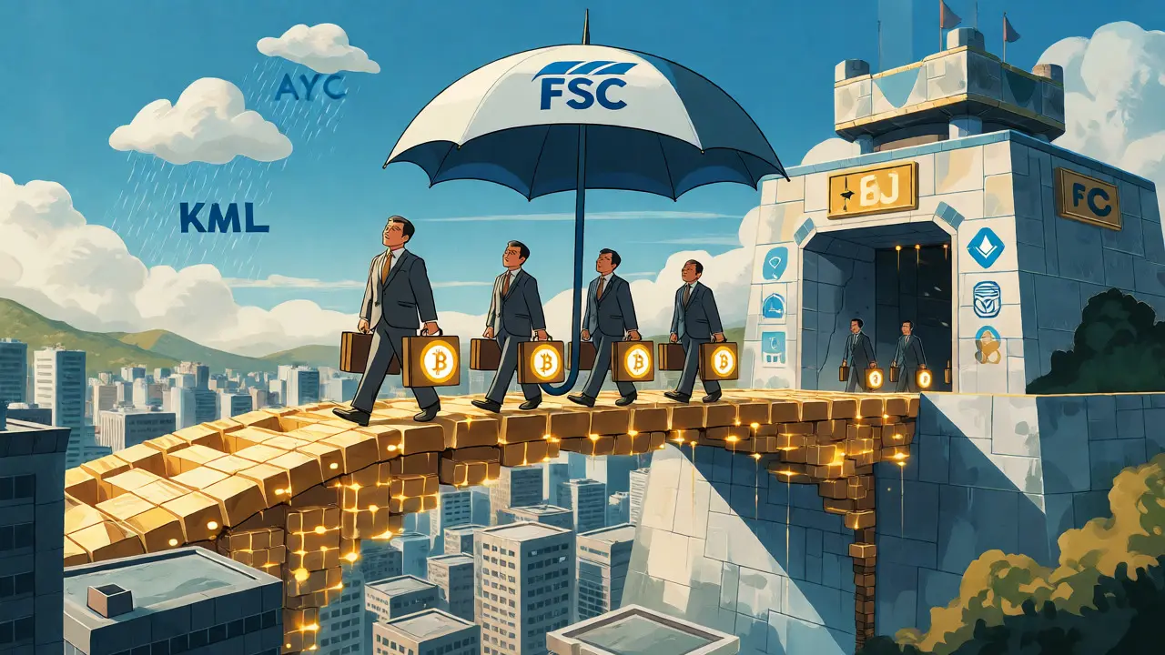 Illustration of institutional investors crossing a secure bridge into regulated crypto market