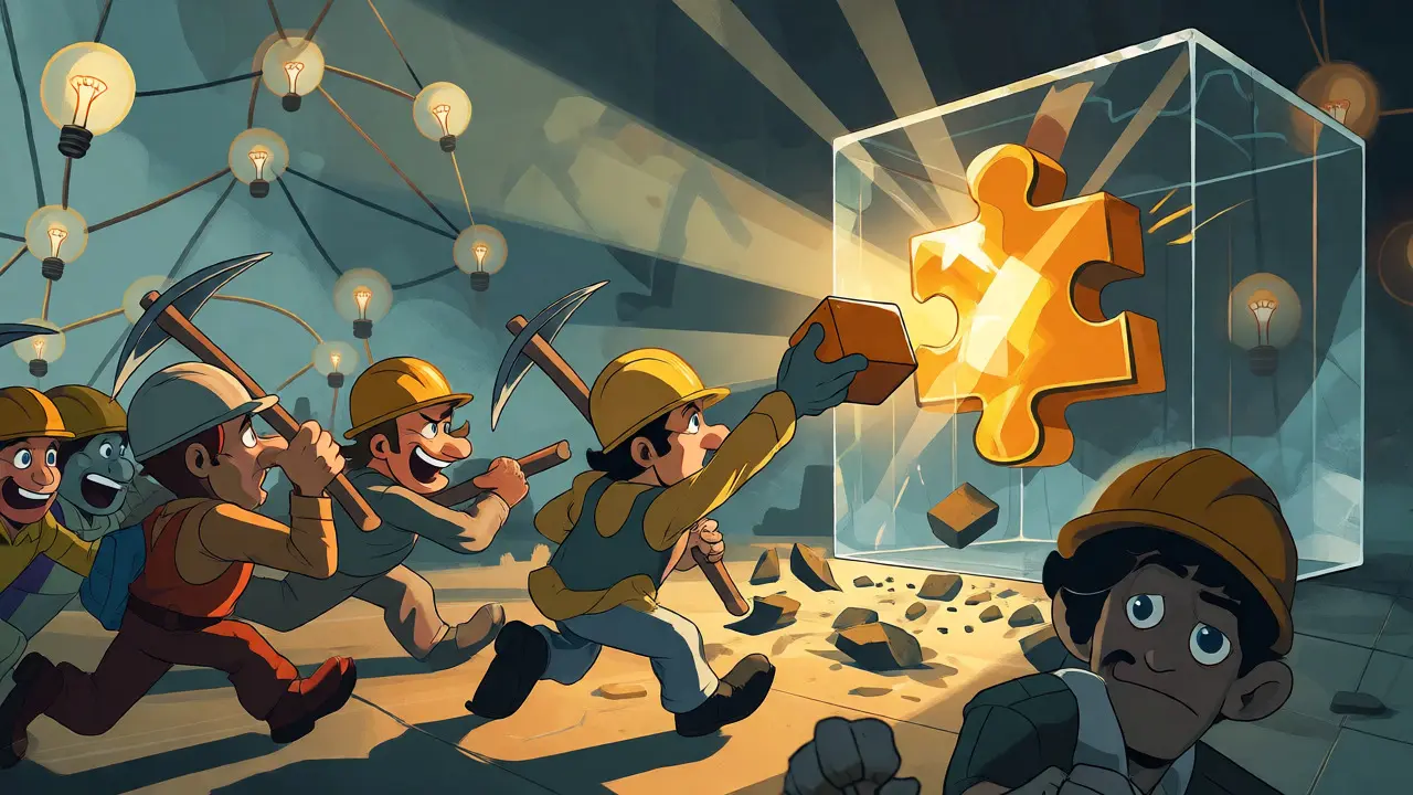 Illustration of miners racing to solve puzzles and secure the blockchain ledger.